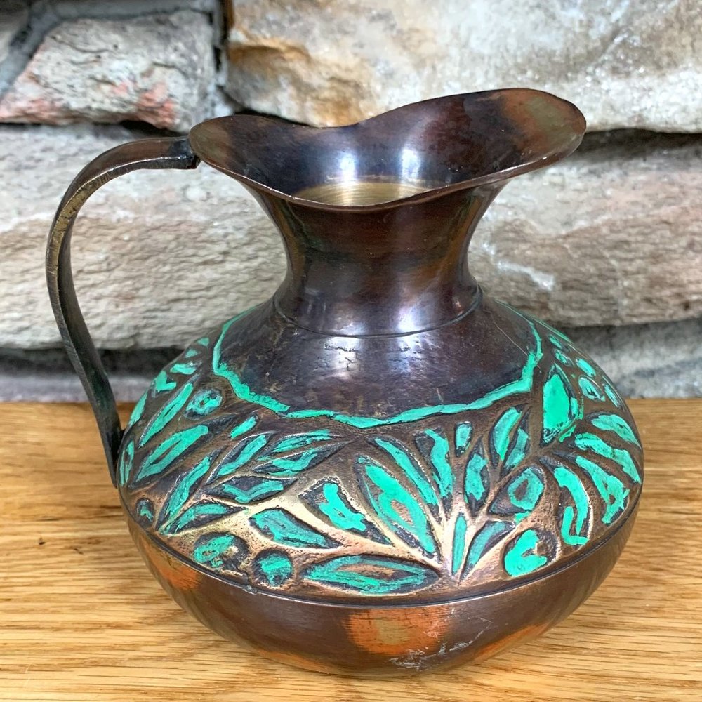 Brass Copper Pitcher Green Leaf Design Bohemian Decor India Boho Vase